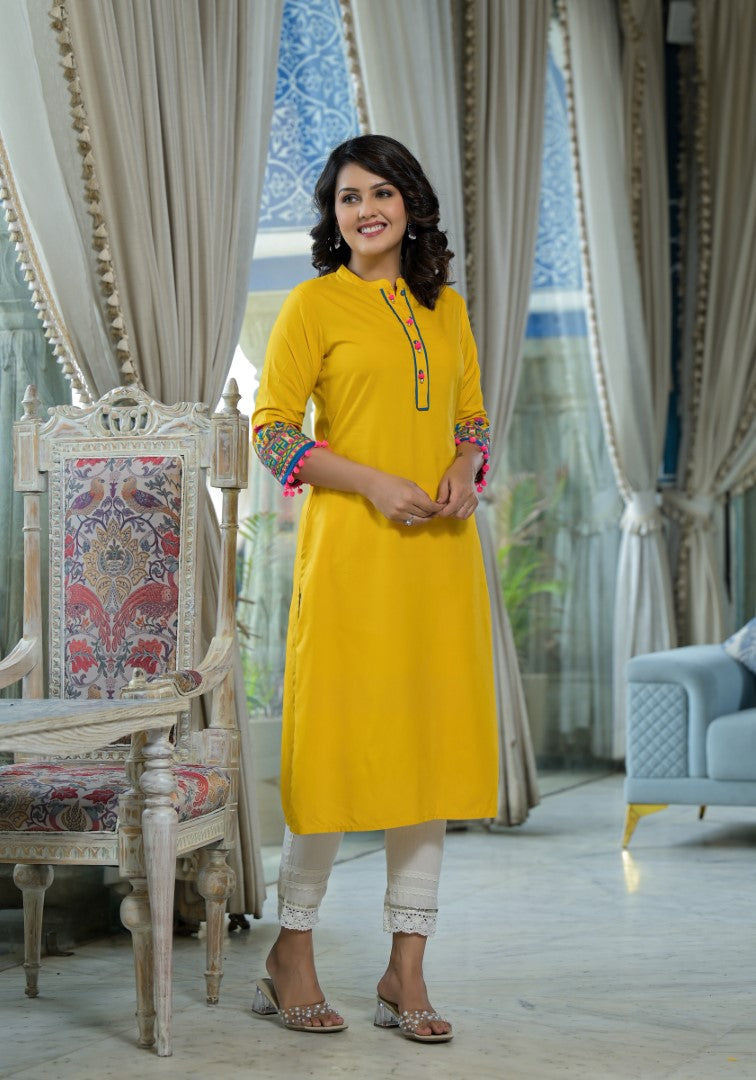 Juniper Women's Mustard Thread Embroidered Liva Rayon Kurta With Sequins Beads & Mirror Work
