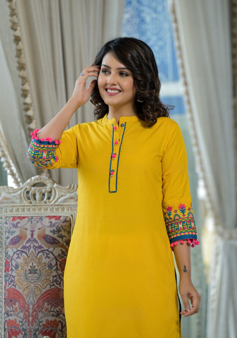 Juniper Women's Mustard Thread Embroidered Liva Rayon Kurta With Sequins Beads & Mirror Work
