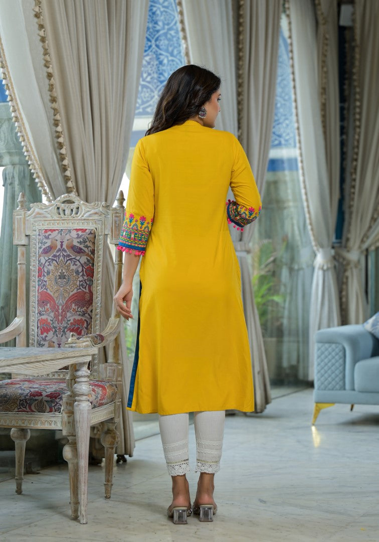 Juniper Women's Mustard Thread Embroidered Liva Rayon Kurta With Sequins Beads & Mirror Work
