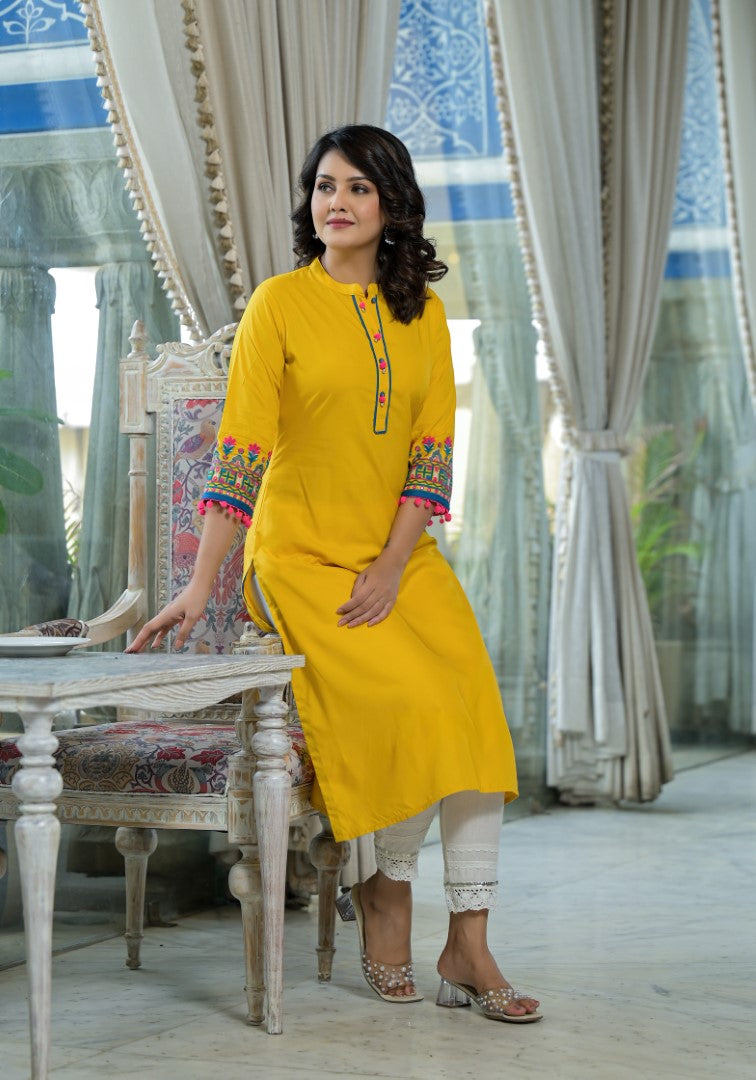 Juniper Women's Mustard Thread Embroidered Liva Rayon Kurta With Sequins Beads & Mirror Work
