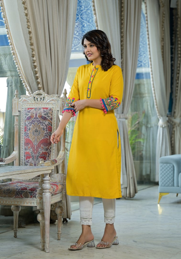 Juniper Women's Mustard Thread Embroidered Liva Rayon Kurta With Sequins Beads & Mirror Work
