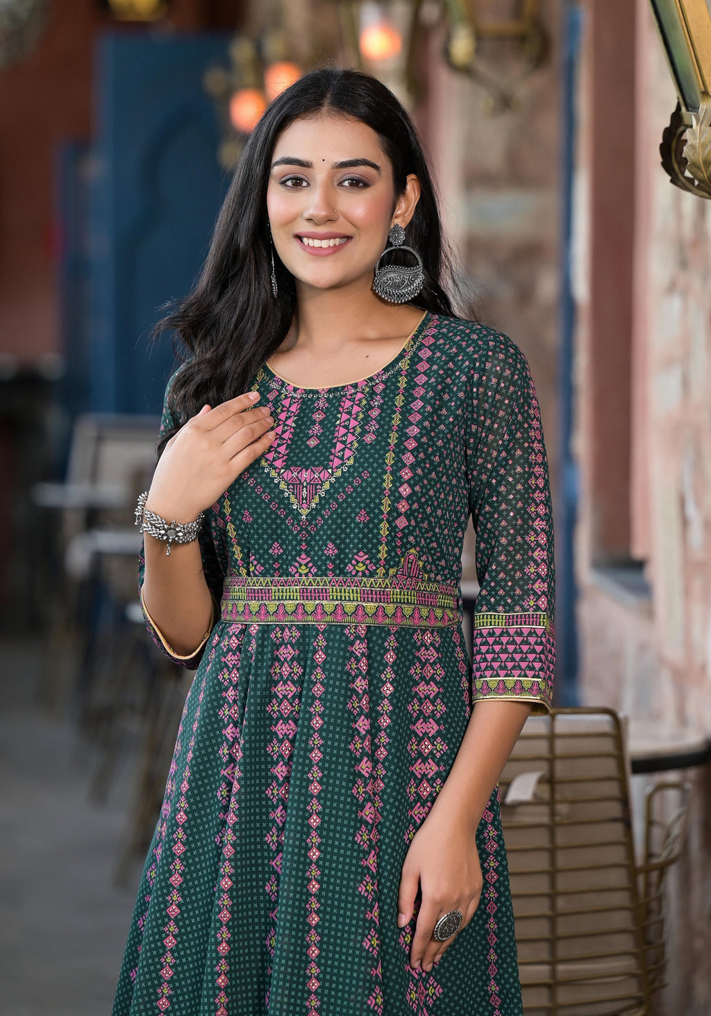 Juniper Green Ethnic Motif Printed Georgette Maxi Dress With Sequins Gota Patti