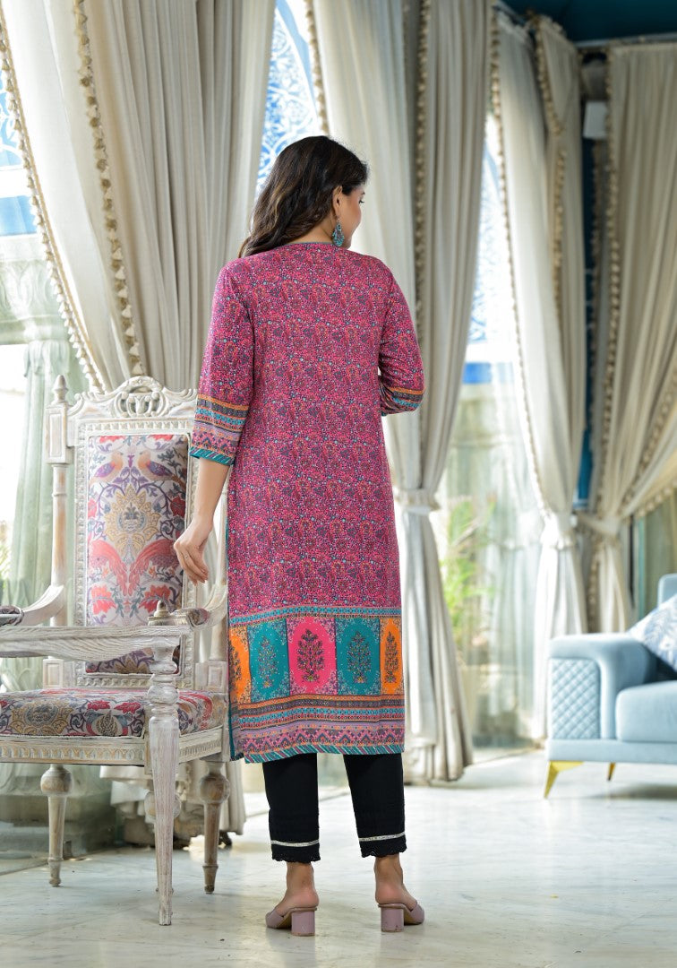 Juniper Women's Pink Floral Printed Liva Rayon Kurta With Beads & Sequins Work