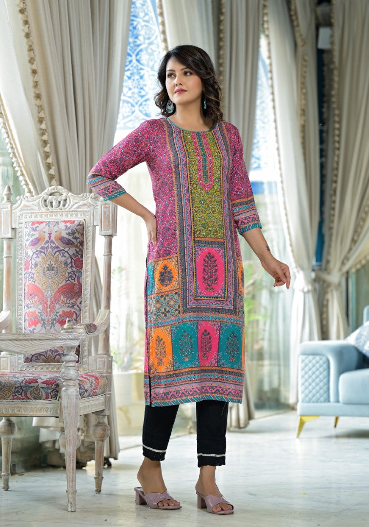 Juniper Women's Pink Floral Printed Liva Rayon Kurta With Beads & Sequins Work