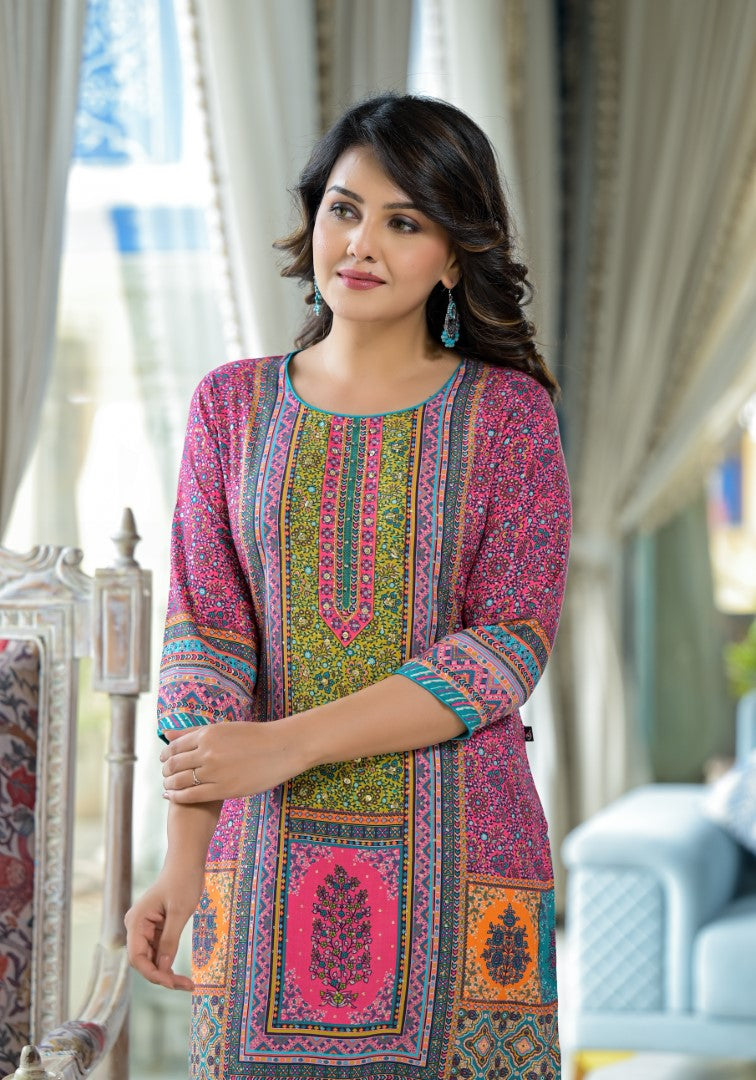 Juniper Women's Pink Floral Printed Liva Rayon Kurta With Beads & Sequins Work