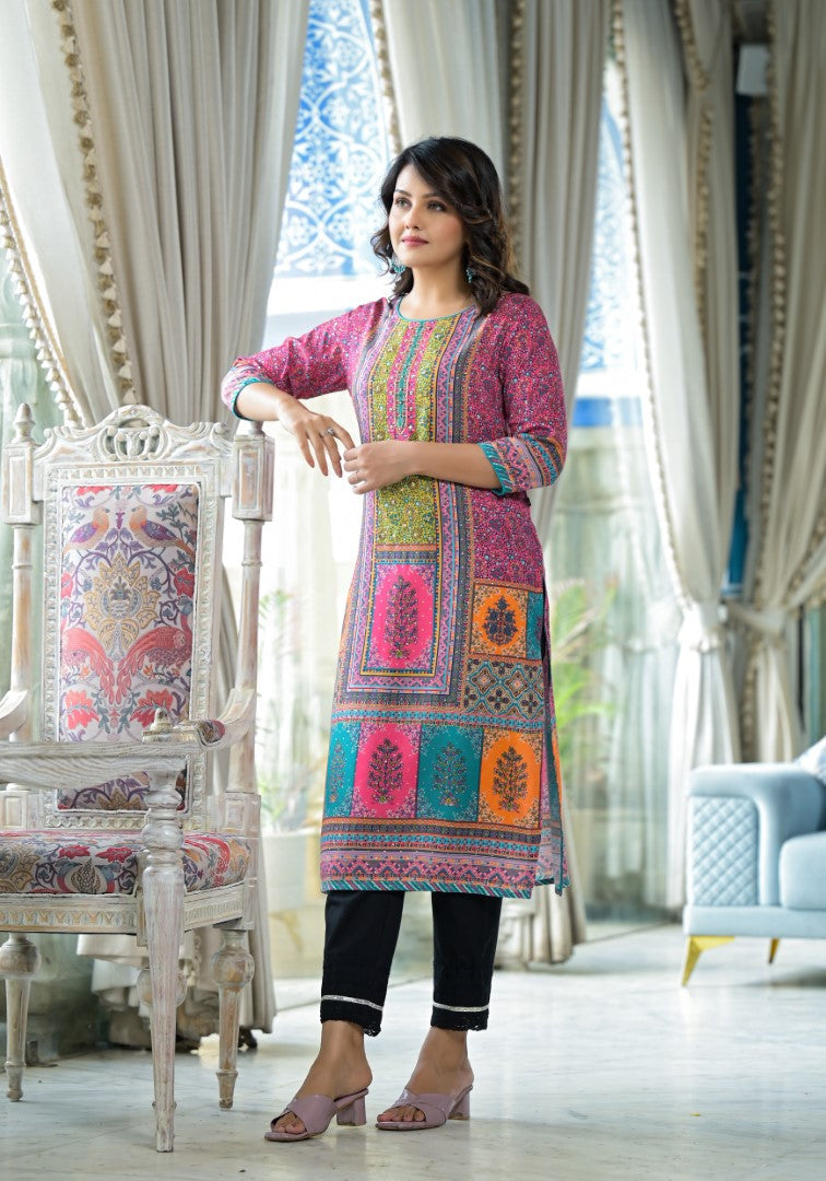 Juniper Women's Pink Floral Printed Liva Rayon Kurta With Beads & Sequins Work