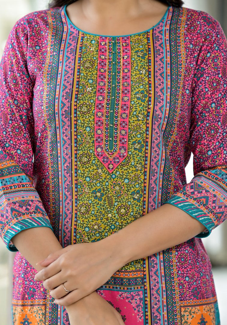 Juniper Women's Pink Floral Printed Liva Rayon Kurta With Beads & Sequins Work