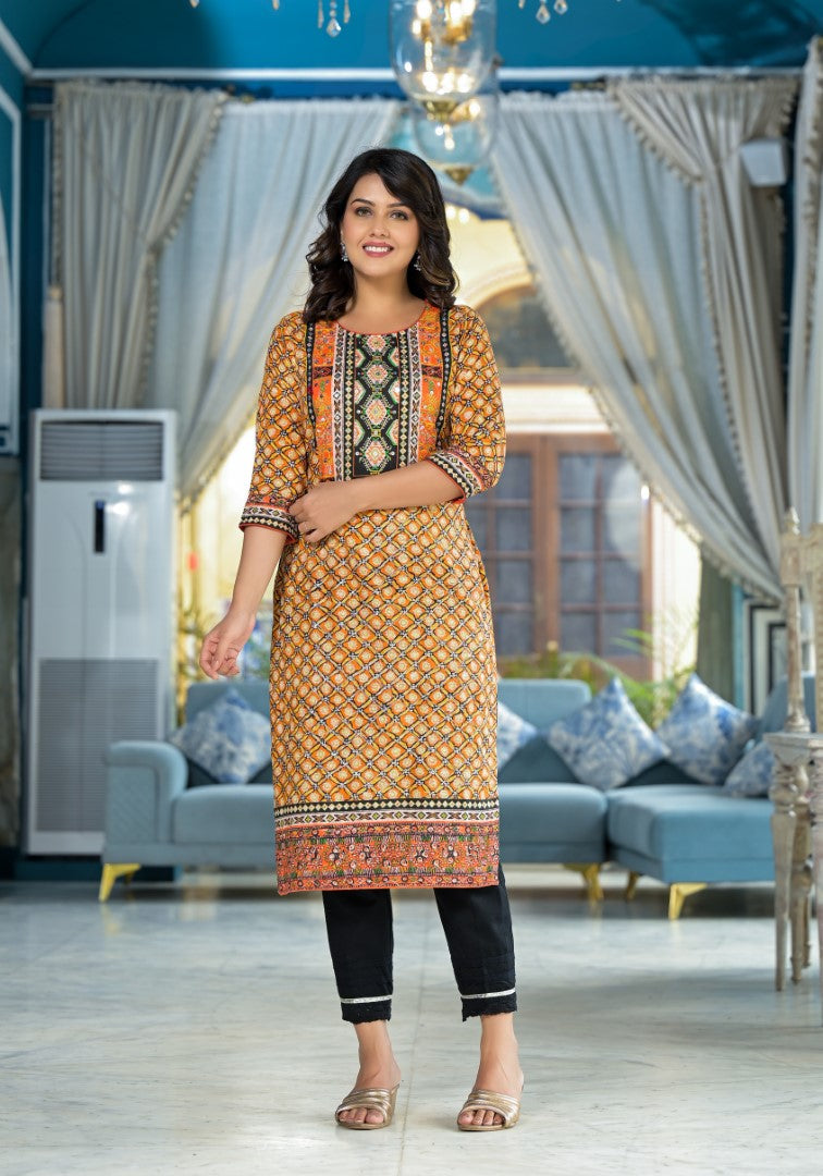 Juniper Women's Mustard Ethnic Motif Printed Liva Rayon Kurta With Sequins & Gota Patti Work