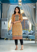 Juniper Women's Mustard Ethnic Motif Printed Liva Rayon Kurta With Sequins & Gota Patti Work