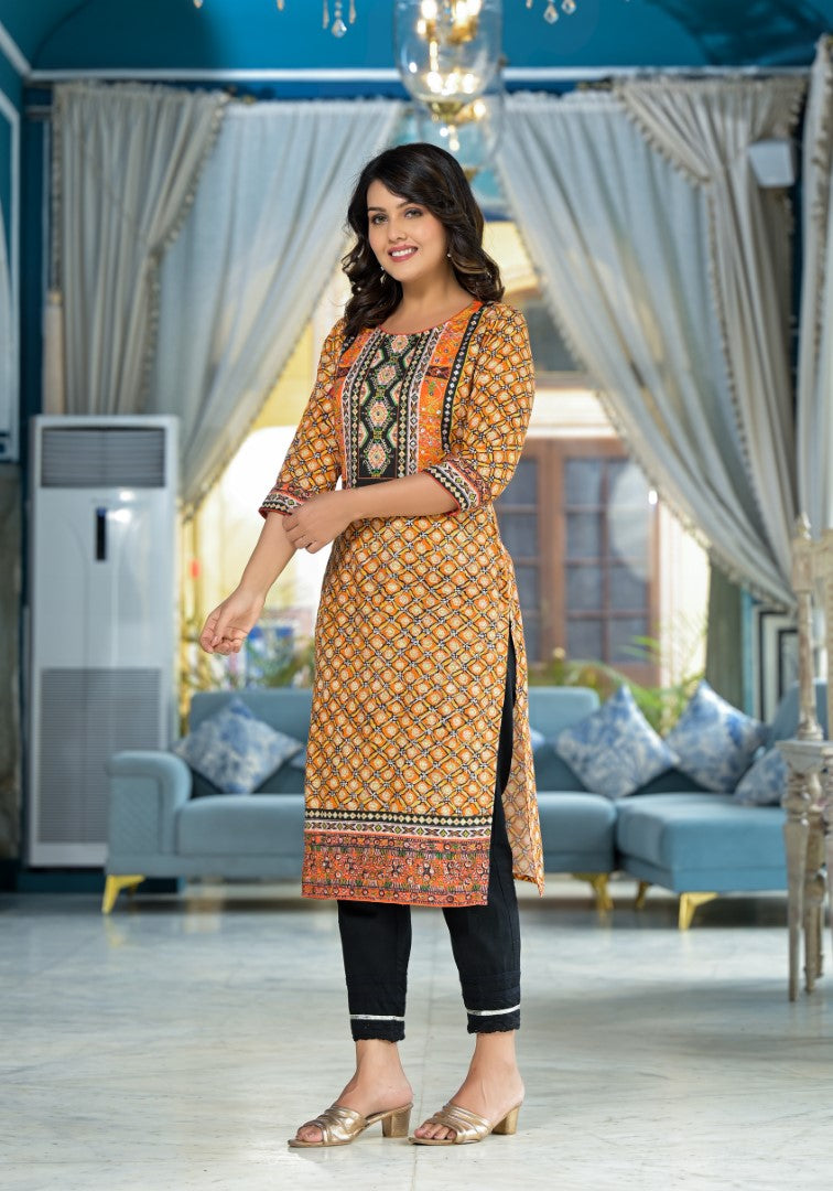 Juniper Women's Mustard Ethnic Motif Printed Liva Rayon Kurta With Sequins & Gota Patti Work
