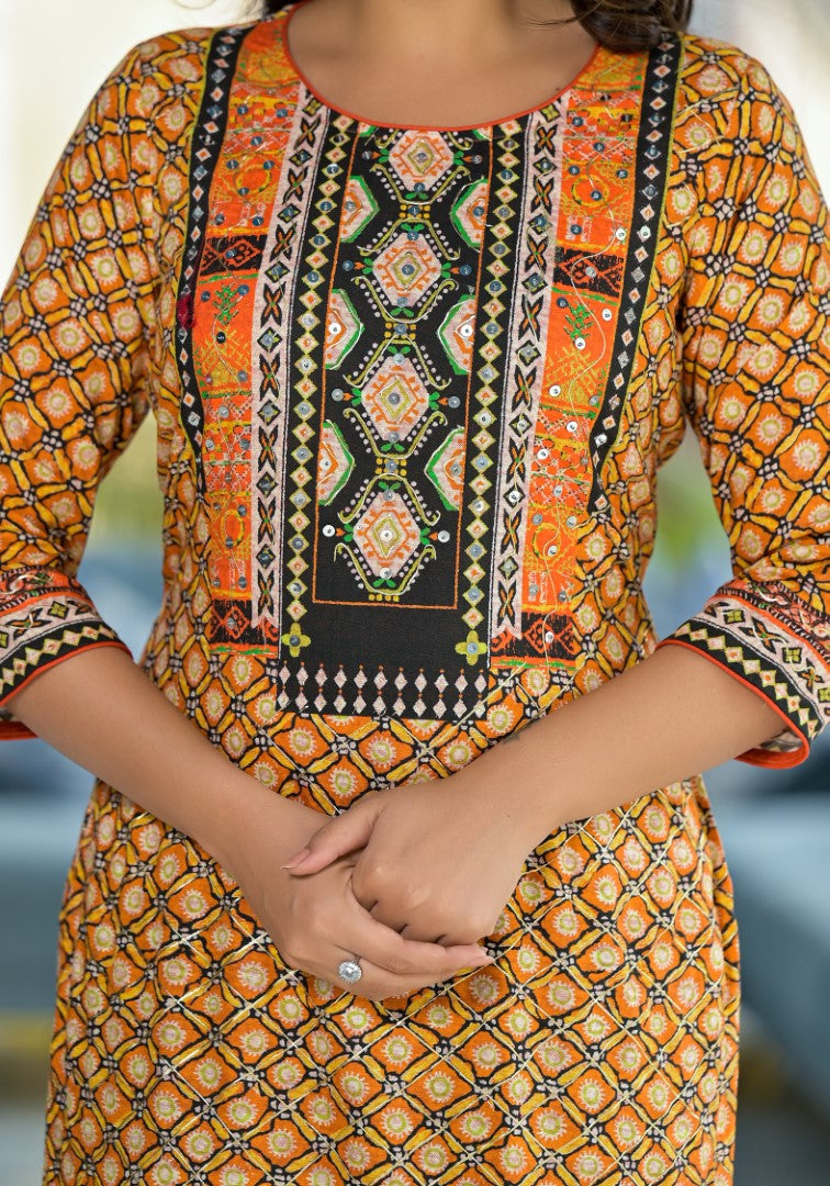 Juniper Women's Mustard Ethnic Motif Printed Liva Rayon Kurta With Sequins & Gota Patti Work