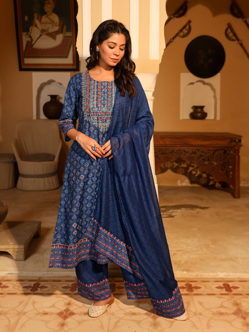 Juniper Women's Blue Ethnic Motif Printed Polycotton Kurta Pant And Dupatta Set With Thread Zari Work & Sequins