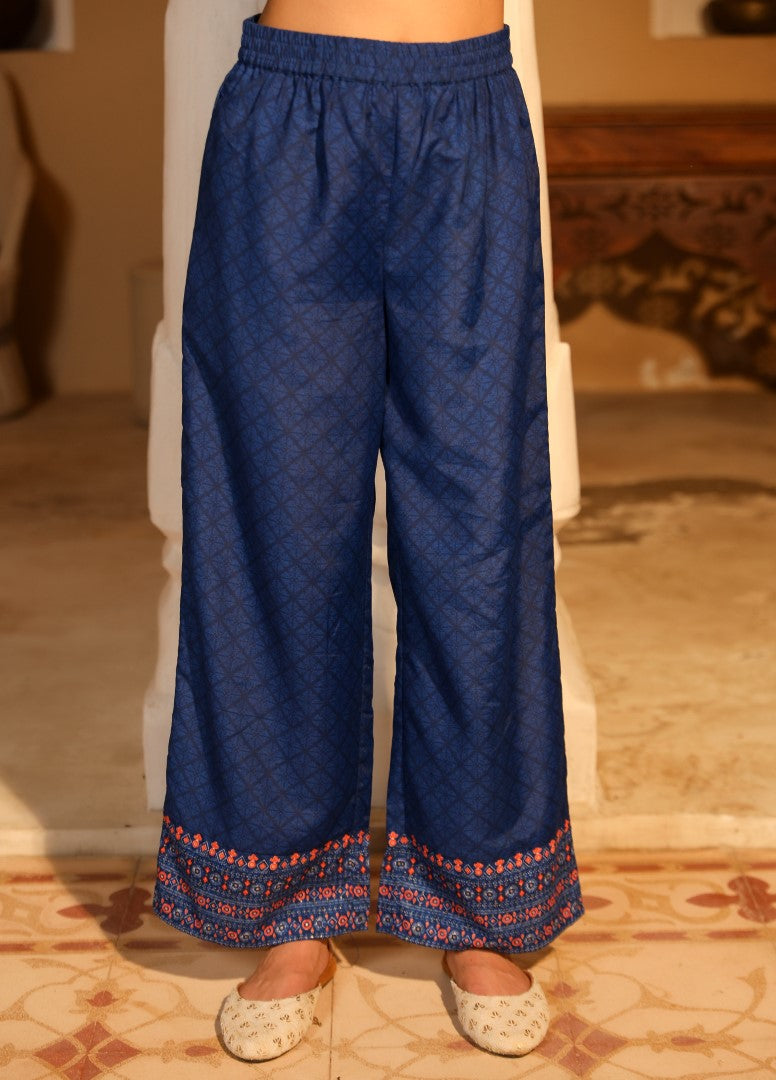 Juniper Women's Blue Ethnic Motif Printed Polycotton Kurta Pant And Dupatta Set With Thread Zari Work & Sequins