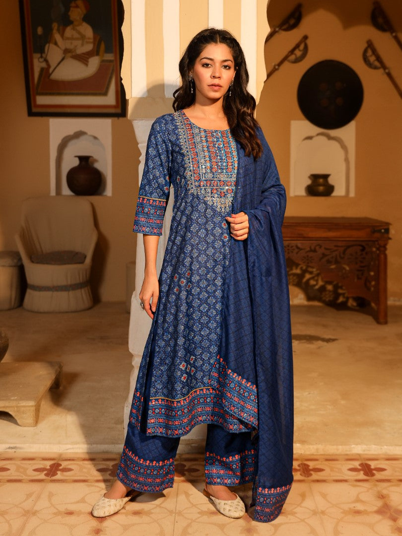 Juniper Women's Blue Ethnic Motif Printed Polycotton Kurta Pant And Dupatta Set With Thread Zari Work & Sequins