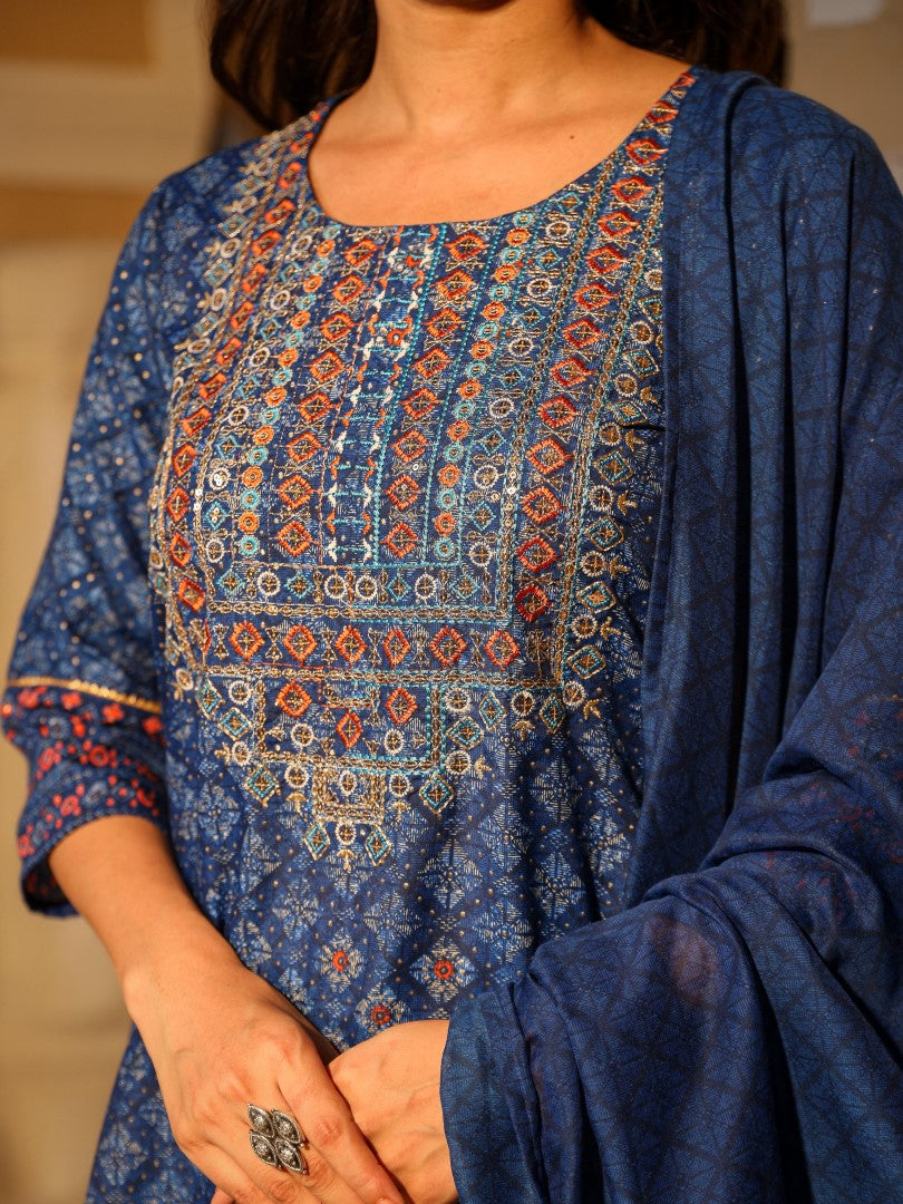 Juniper Women's Blue Ethnic Motif Printed Polycotton Kurta Pant And Dupatta Set With Thread Zari Work & Sequins