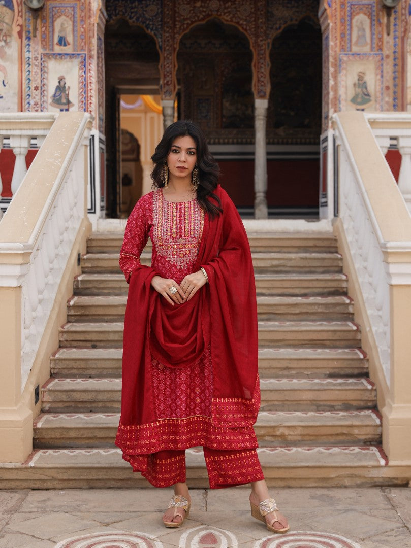 Juniper Women's Red Ethnic Motif Printed Polycotton Kurta Pant And Dupatta Set With Thread Zari Work & Sequins