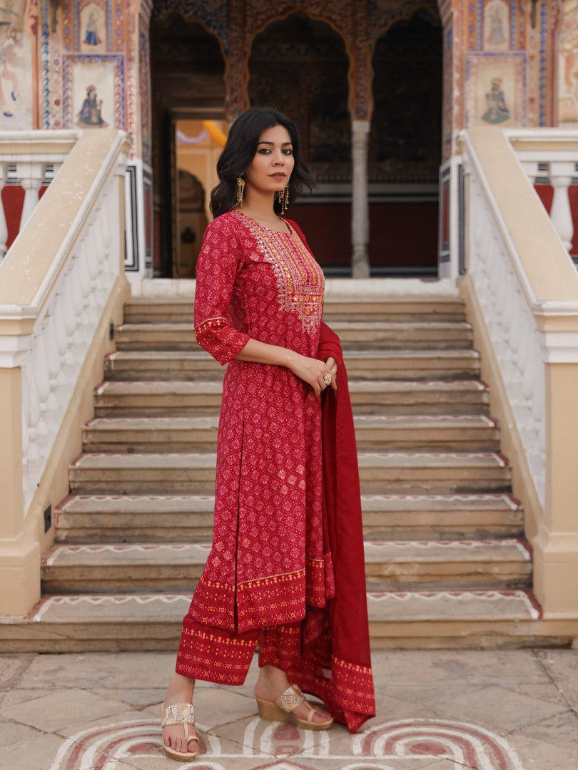 Juniper Women's Red Ethnic Motif Printed Polycotton Kurta Pant And Dupatta Set With Thread Zari Work & Sequins
