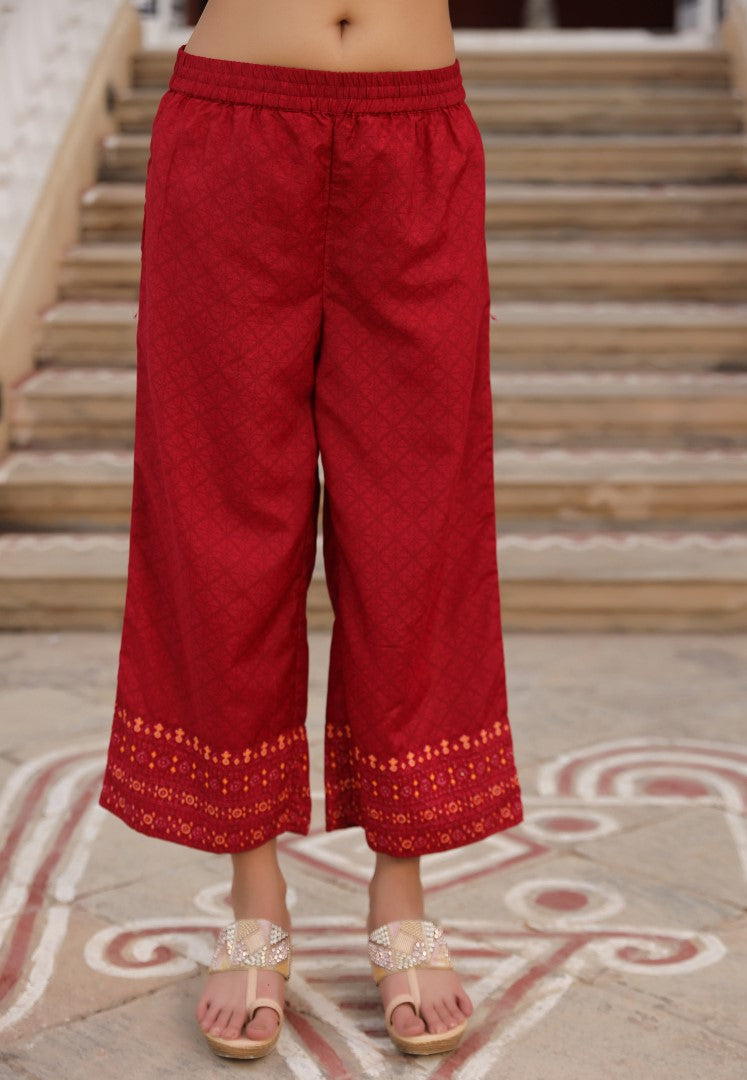 Juniper Women's Red Ethnic Motif Printed Polycotton Kurta Pant And Dupatta Set With Thread Zari Work & Sequins