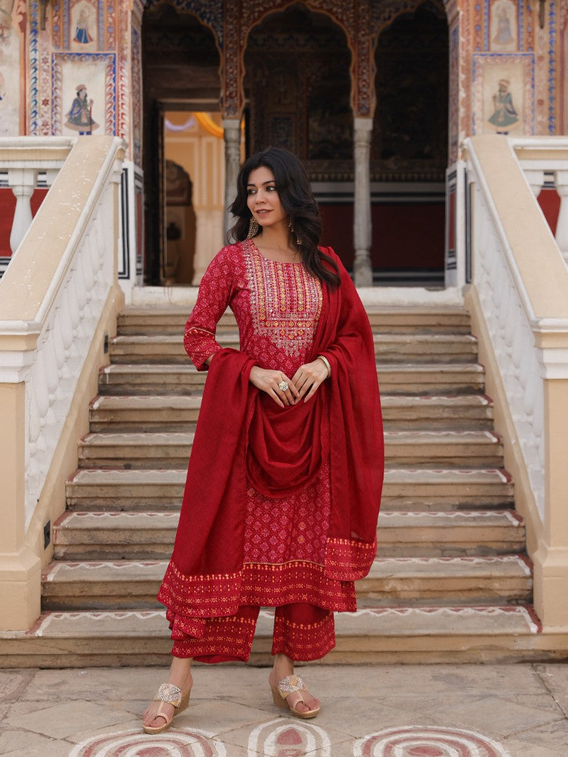 Juniper Women's Red Ethnic Motif Printed Polycotton Kurta Pant And Dupatta Set With Thread Zari Work & Sequins