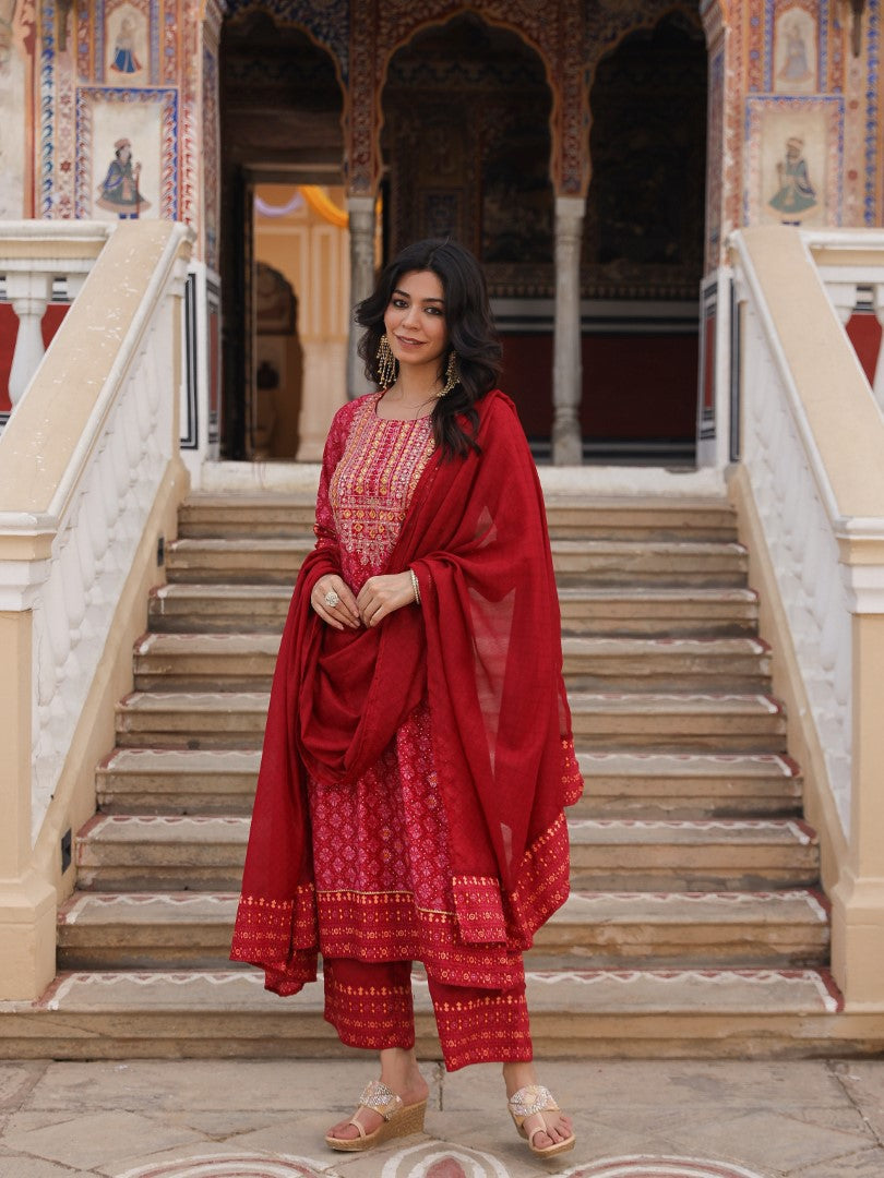 Juniper Women's Red Ethnic Motif Printed Polycotton Kurta Pant And Dupatta Set With Thread Zari Work & Sequins