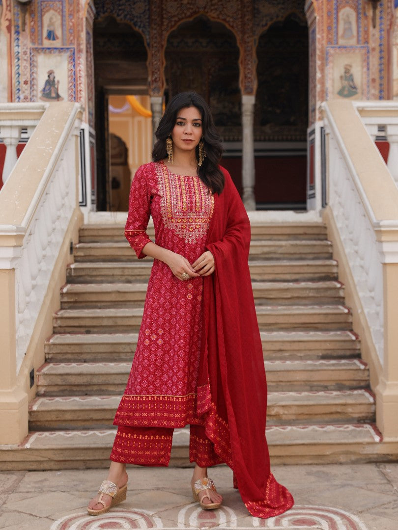 Juniper Women's Red Ethnic Motif Printed Polycotton Kurta Pant And Dupatta Set With Thread Zari Work & Sequins