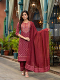 Juniper Women's Rust Ethnic Motif Printed Cotton Kurta Set With Thread Work & Sequins