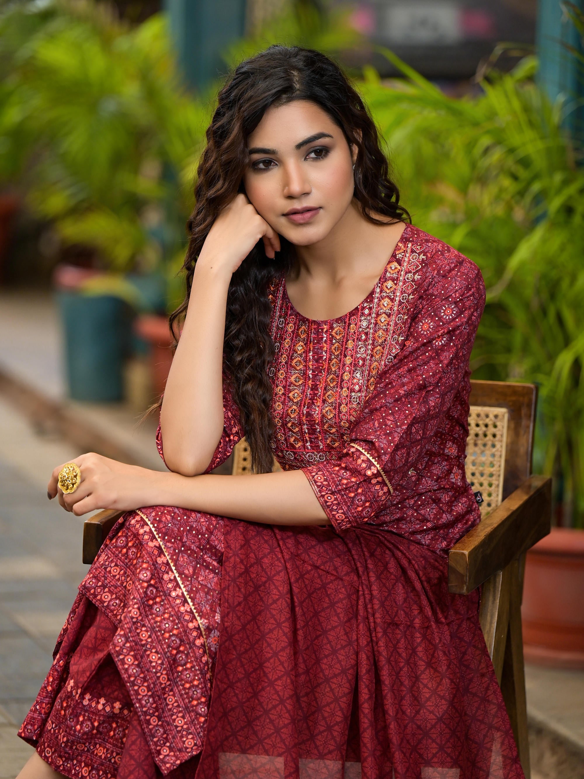 Juniper Women's Rust Ethnic Motif Printed Cotton Kurta Set With Thread Work & Sequins