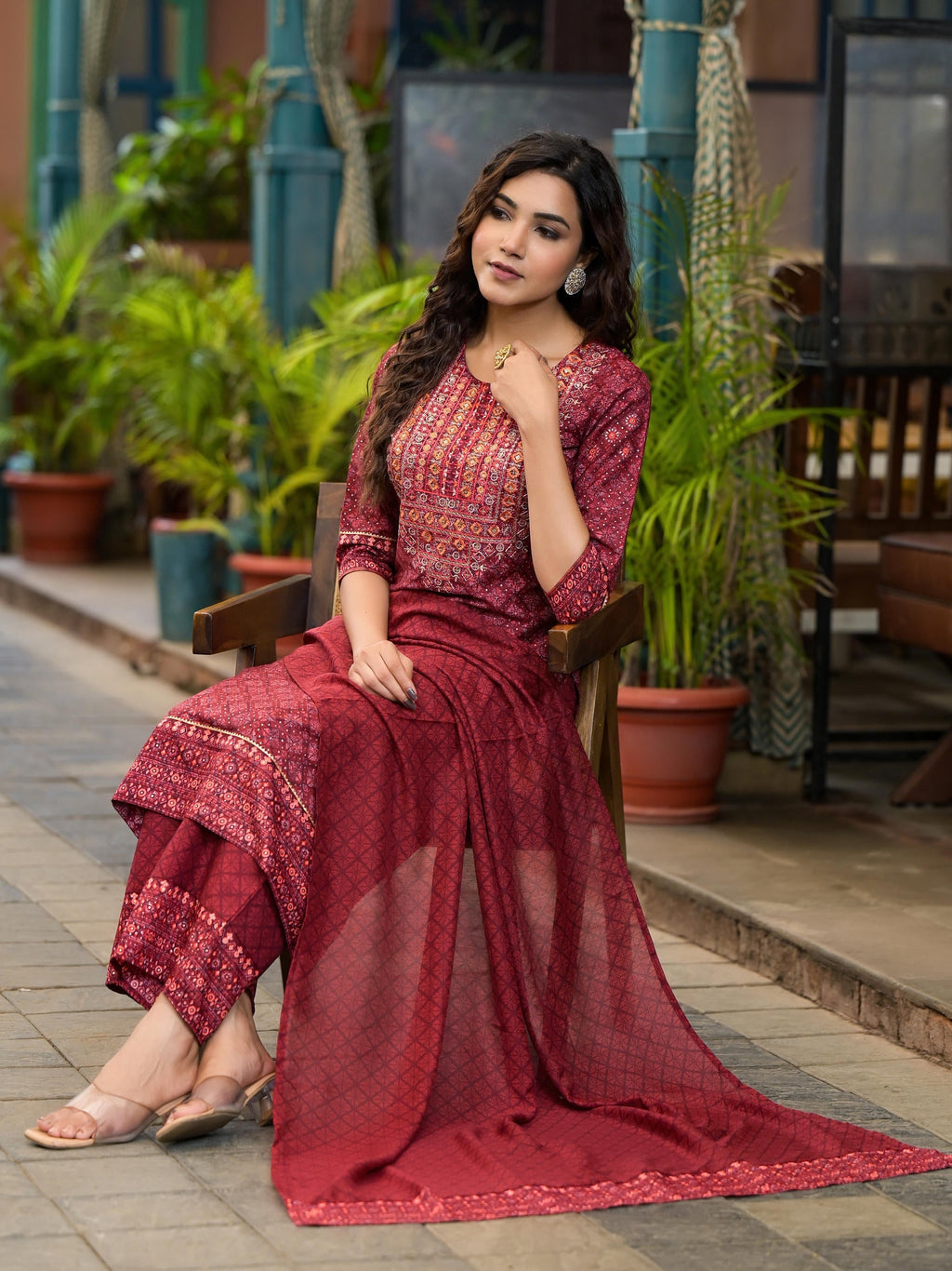 Juniper Women's Rust Ethnic Motif Printed Cotton Kurta Set With Thread Work & Sequins