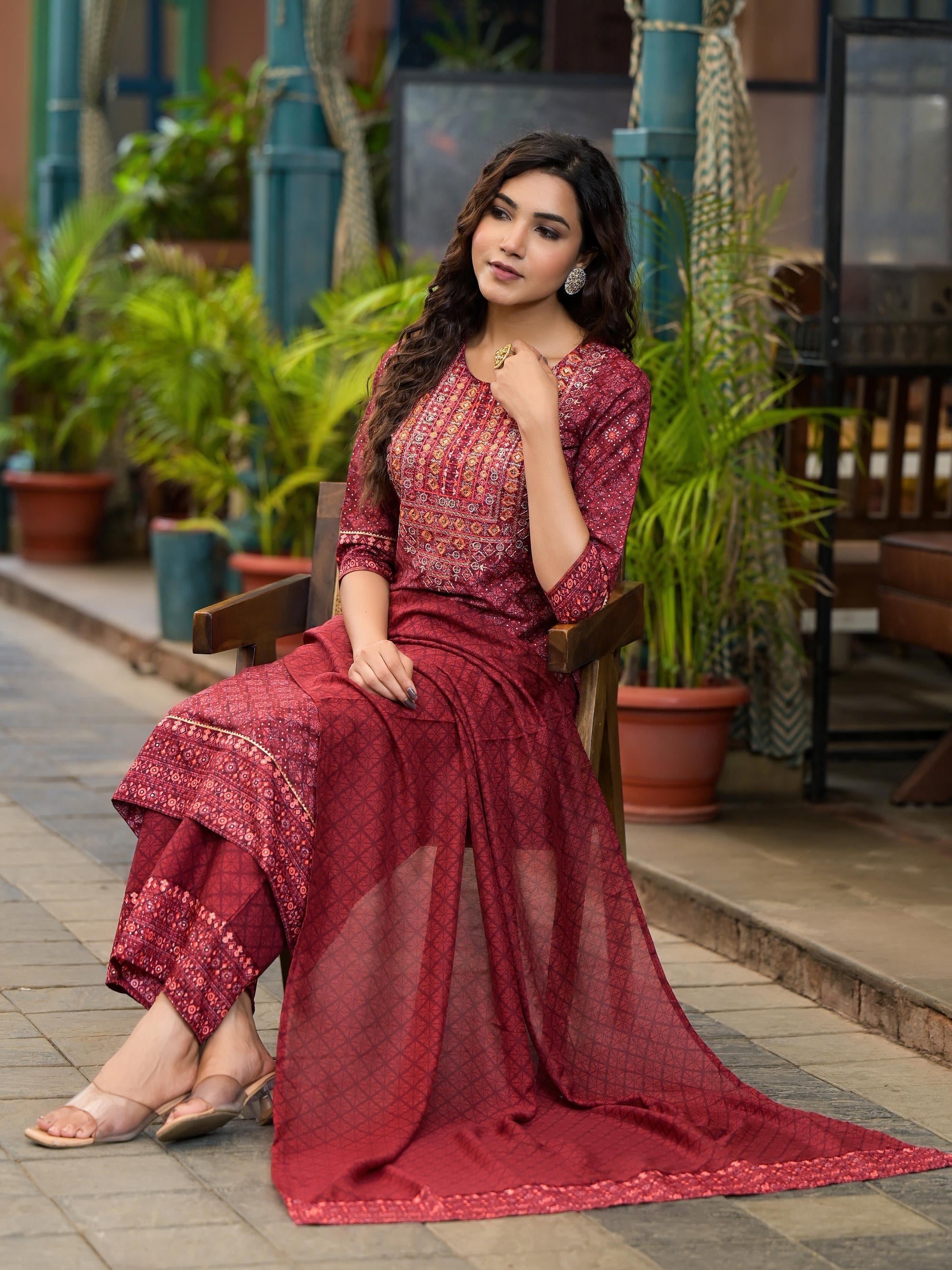 Juniper Women's Rust Ethnic Motif Printed Cotton Kurta Set With Thread Work & Sequins