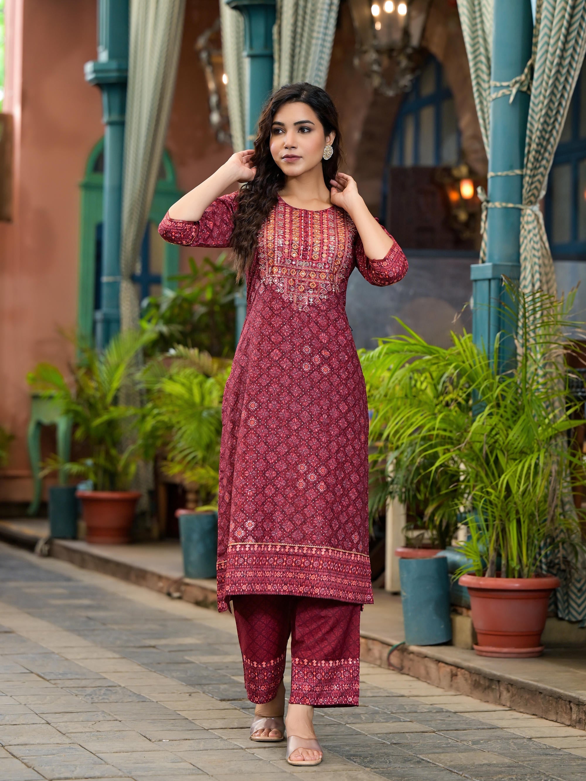 Juniper Women's Rust Ethnic Motif Printed Cotton Kurta Set With Thread Work & Sequins