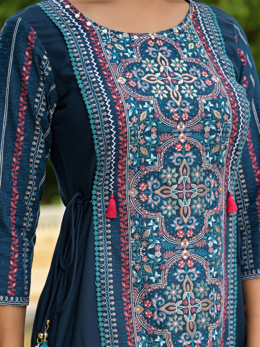 Juniper Women's Blue Floral Printed Liva Rayon Kurta Pant & Dupatta Set With Doris At Waist & Thread Work & Tassels