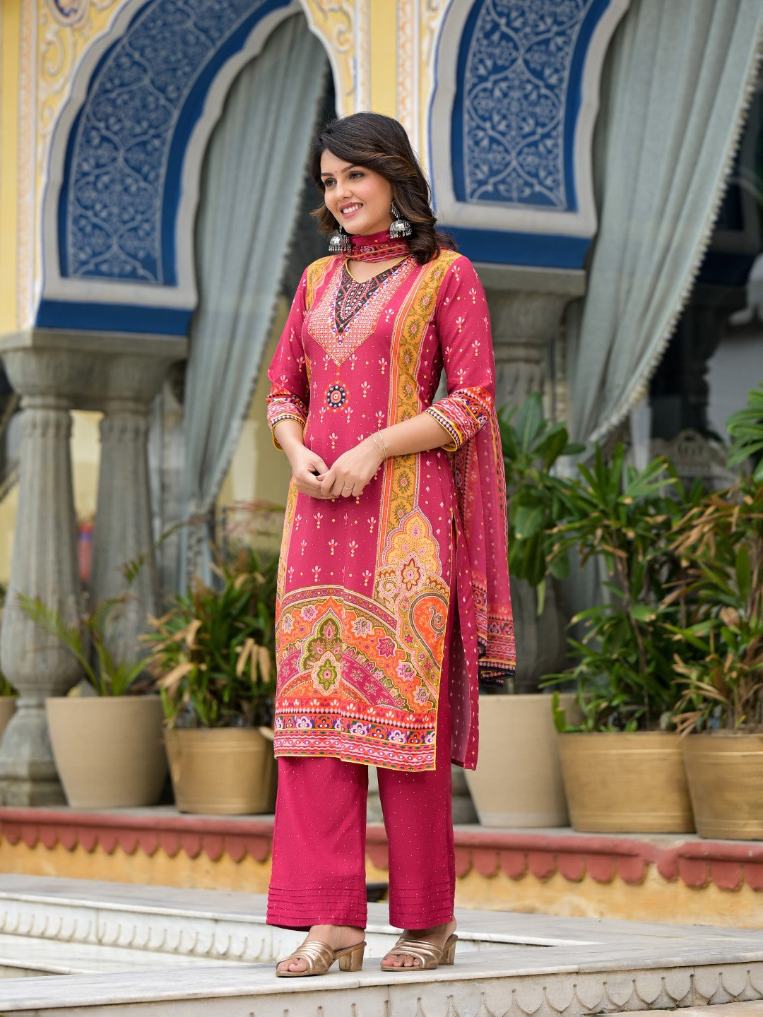 Juniper Women's Maroon Ethnic Motif Printed Liva Rayon Kurta Pant And Dupatta Set With Mirror Work & Sequins