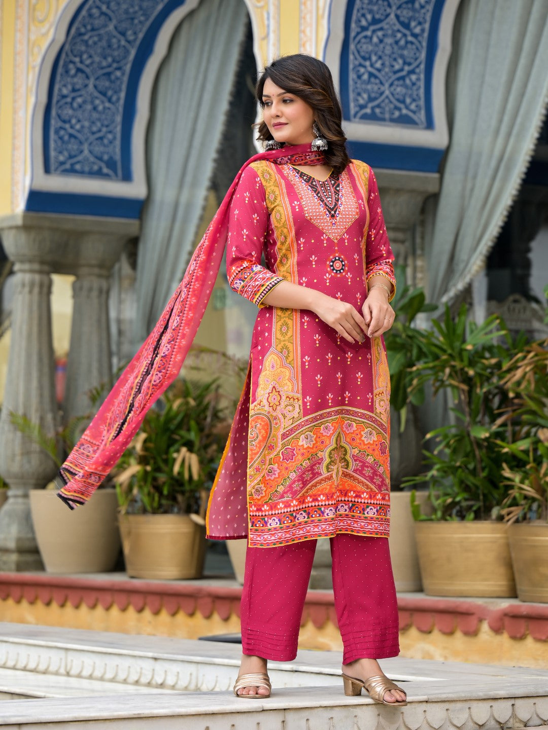 Juniper Women's Maroon Ethnic Motif Printed Liva Rayon Kurta Pant And Dupatta Set With Mirror Work & Sequins
