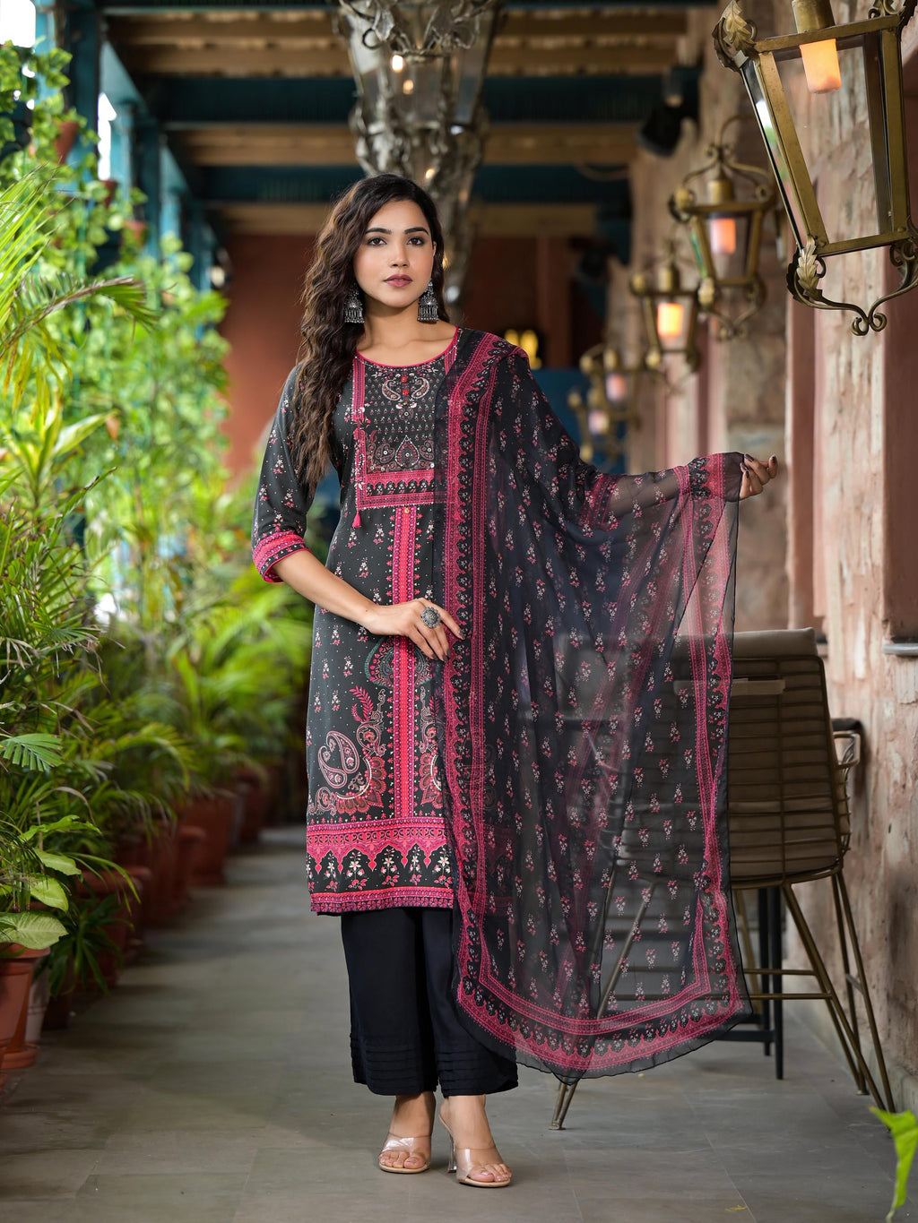 Juniper Women's Black Ethnic Motif Printed Liva Rayon Kurta Set With Buttons Coins & Tassels