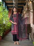 Juniper Women's Black Ethnic Motif Printed Liva Rayon Kurta Set With Buttons Coins & Tassels