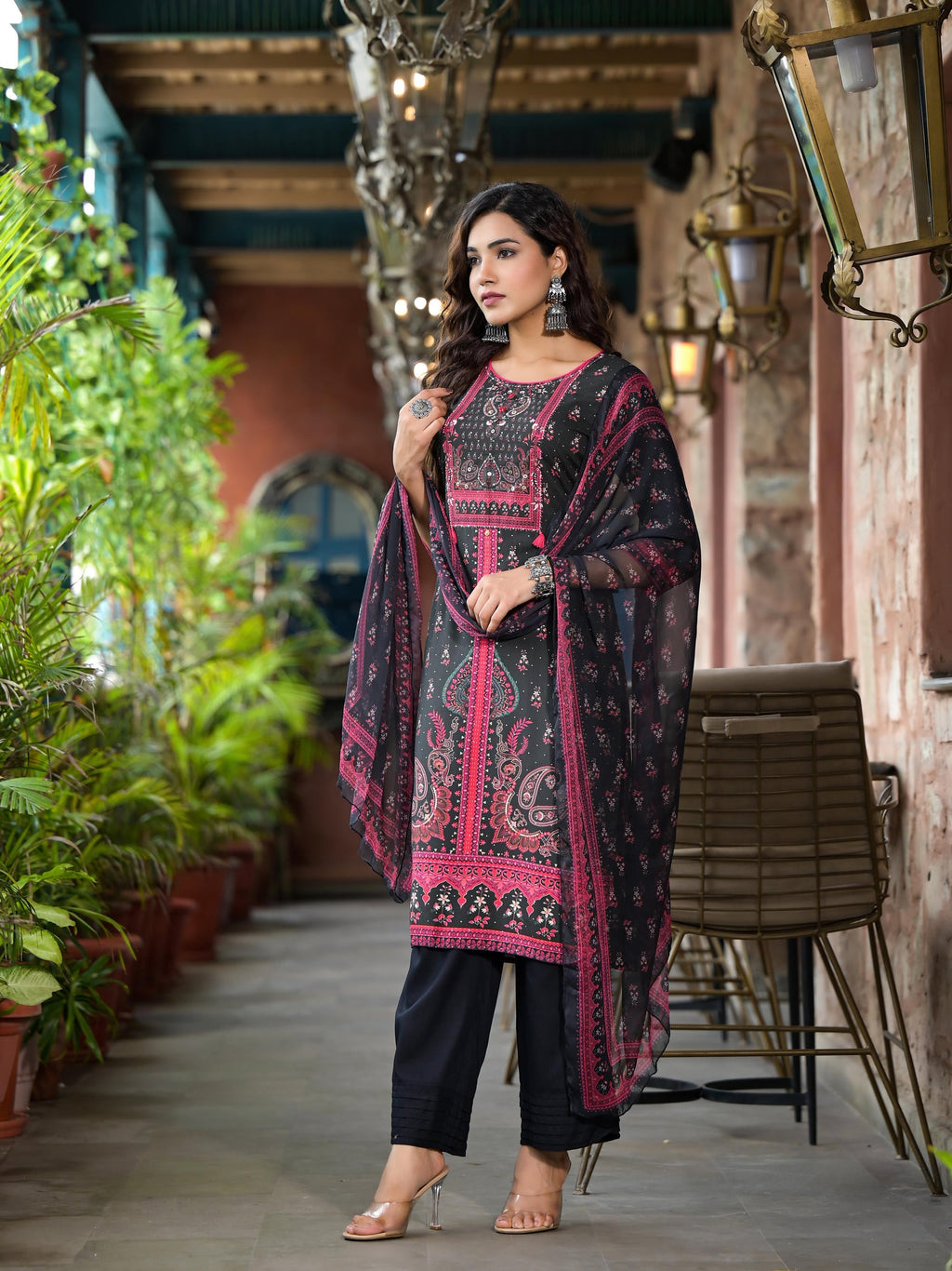 Juniper Women's Black Ethnic Motif Printed Liva Rayon Kurta Set With Buttons Coins & Tassels