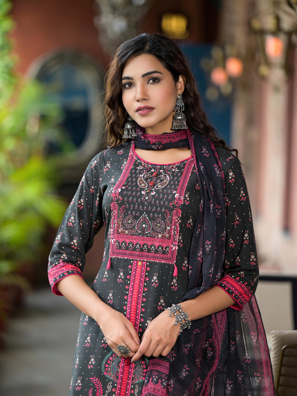 Juniper Women's Black Ethnic Motif Printed Liva Rayon Kurta Set With Buttons Coins & Tassels
