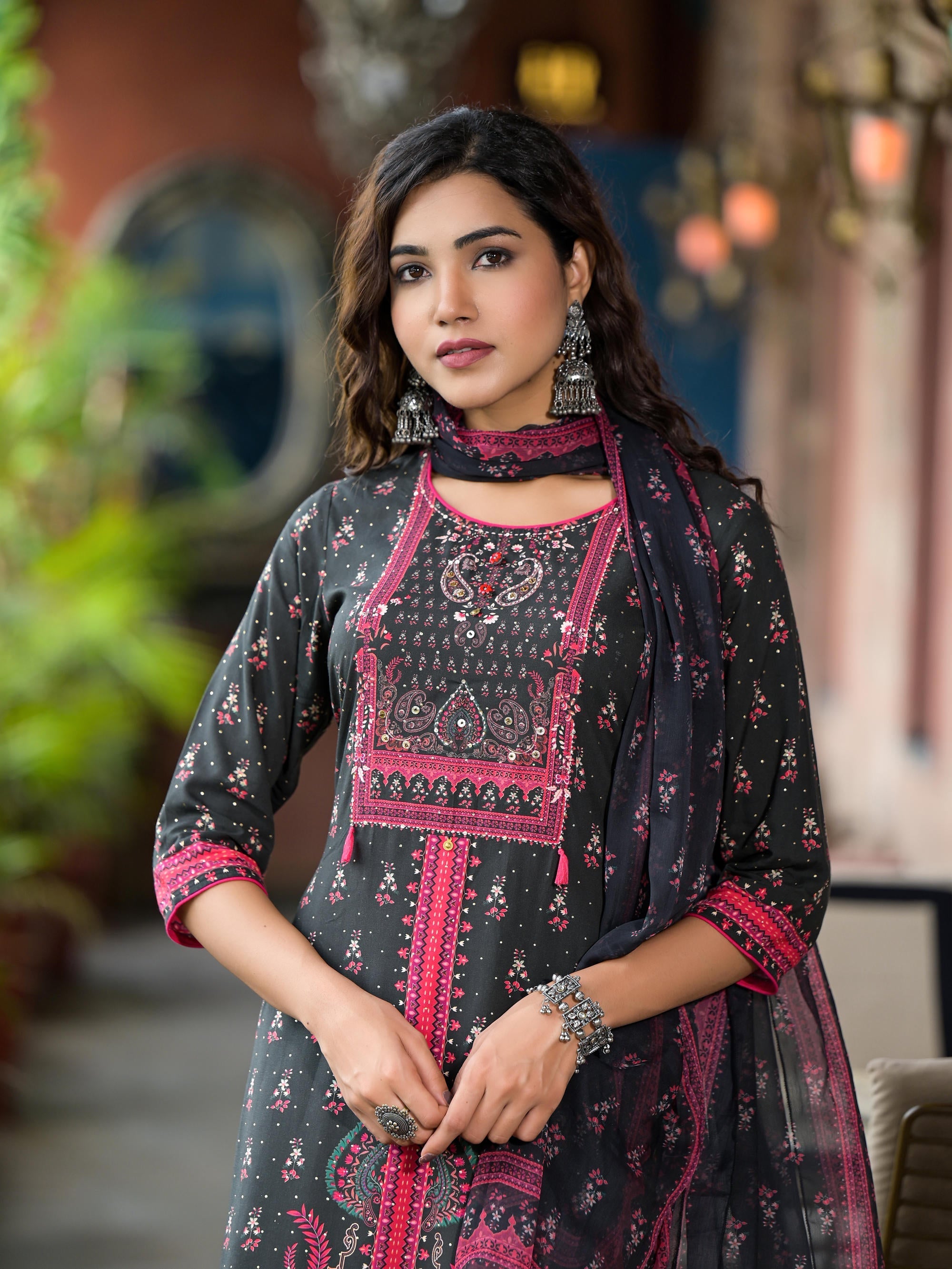 Juniper Women's Black Ethnic Motif Printed Liva Rayon Kurta Set With Buttons Coins & Tassels
