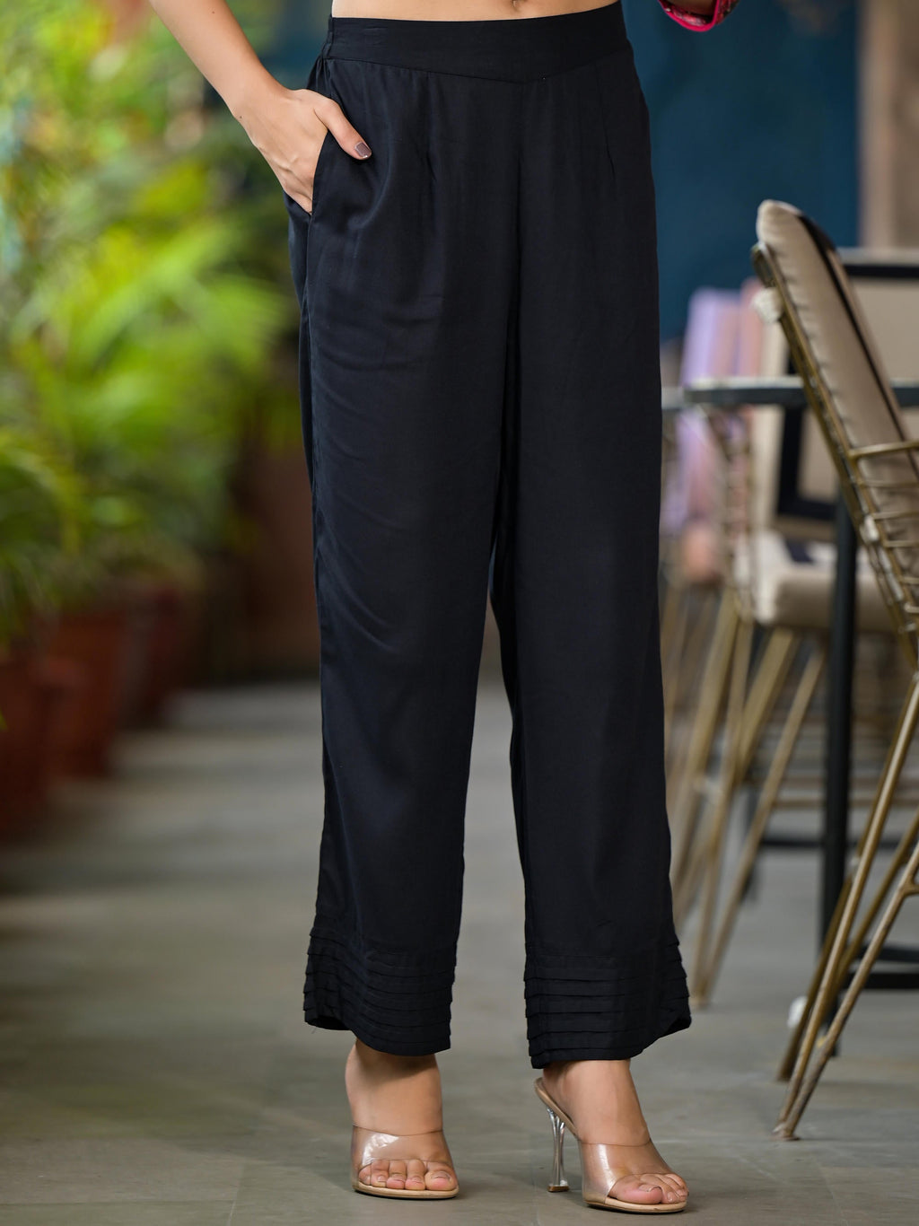 Juniper Women's Black Ethnic Motif Printed Liva Rayon Kurta Set With Buttons Coins & Tassels