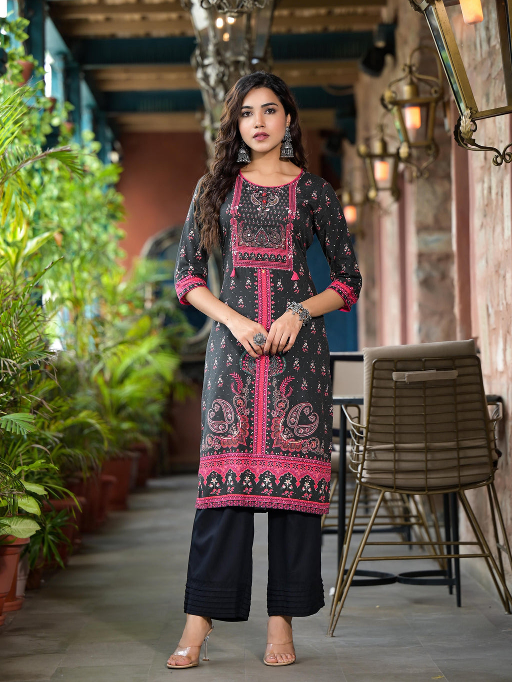 Juniper Women's Black Ethnic Motif Printed Liva Rayon Kurta Set With Buttons Coins & Tassels