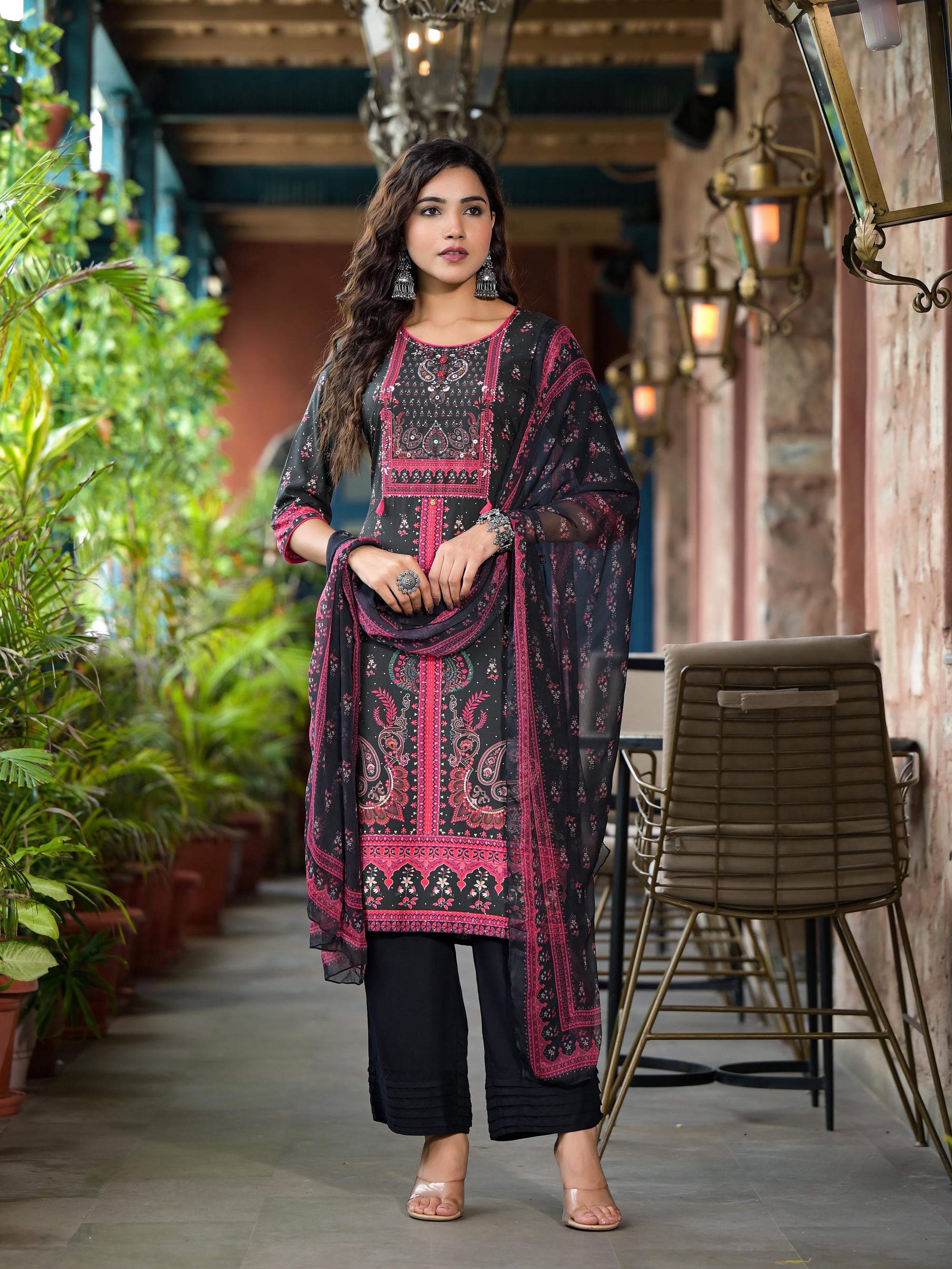 Juniper Women's Black Ethnic Motif Printed Liva Rayon Kurta Set With Buttons Coins & Tassels