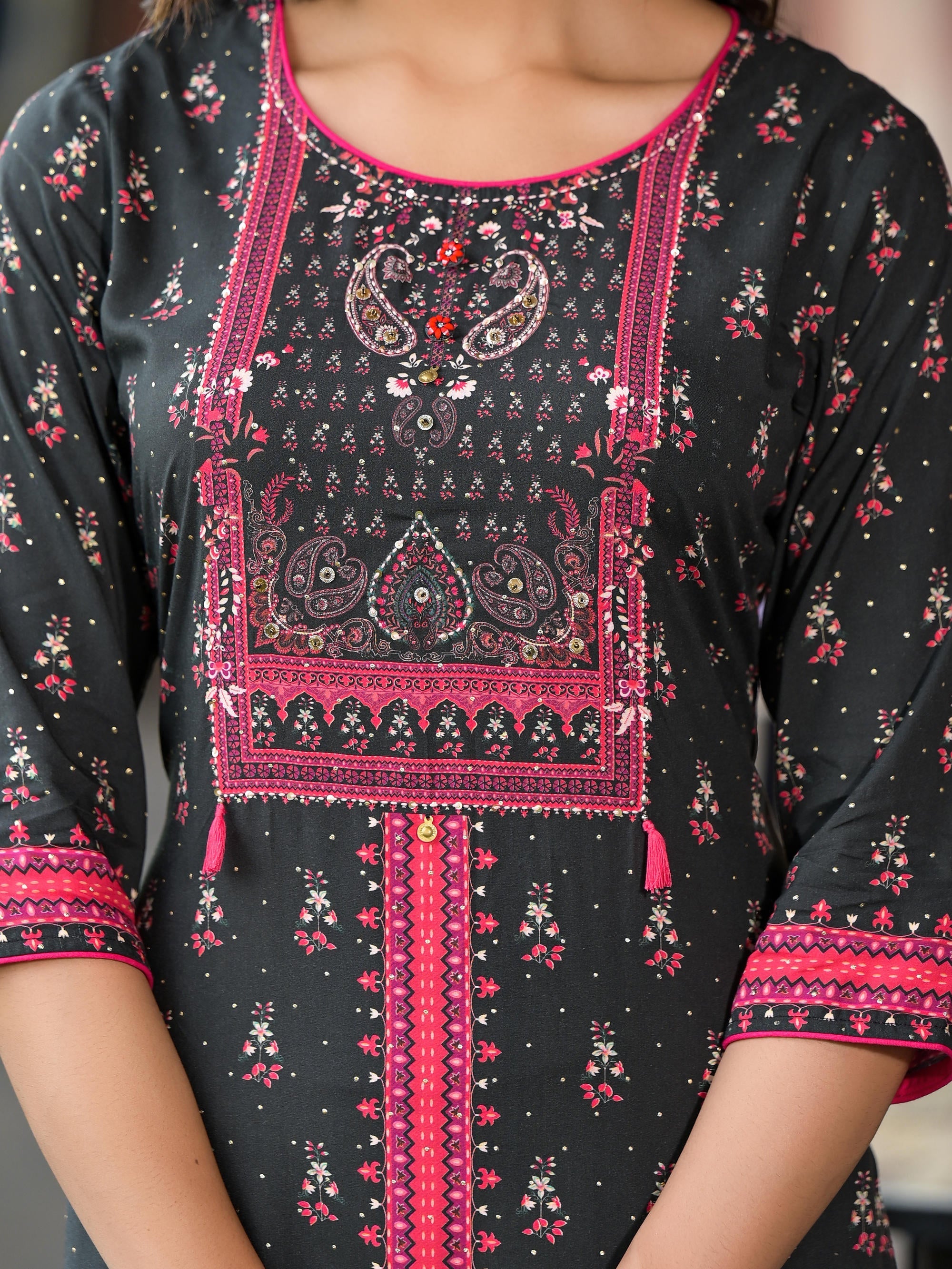Juniper Women's Black Ethnic Motif Printed Liva Rayon Kurta Set With Buttons Coins & Tassels