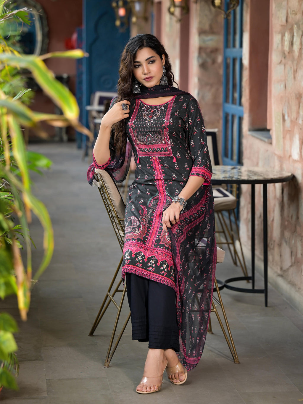 Juniper Women's Black Ethnic Motif Printed Liva Rayon Kurta Set With Buttons Coins & Tassels