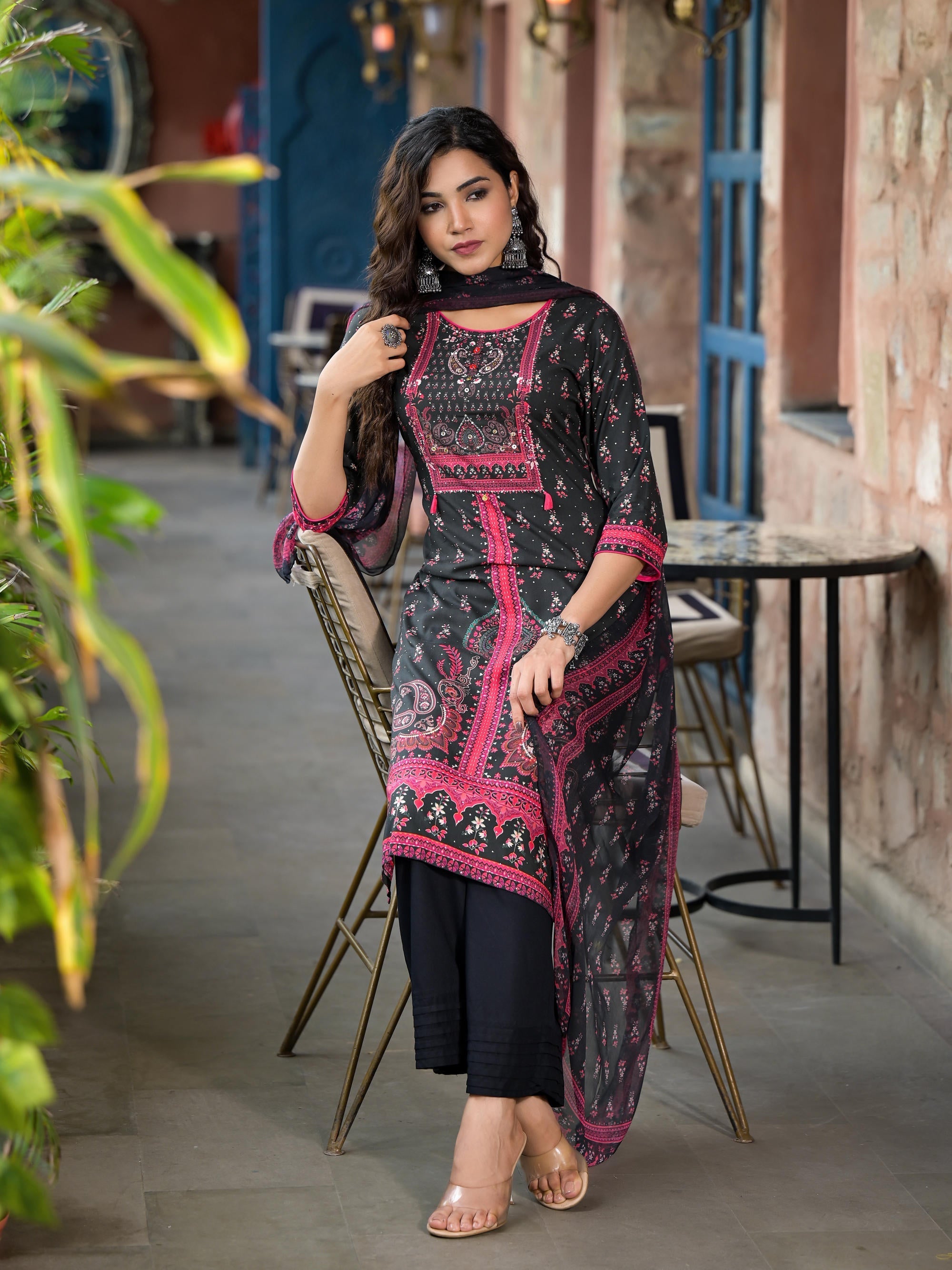 Juniper Women's Black Ethnic Motif Printed Liva Rayon Kurta Set With Buttons Coins & Tassels