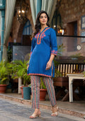 Juniper Women's Blue Thread Embroidered Liva Rayon Short Kurta And Pant Set With Buttons & Coins