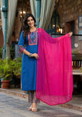 Juniper Women's Blue Thread Embroidered Liva Rayon Kurta Pant And Dupatta Set With Mirror Work Beads & Coins