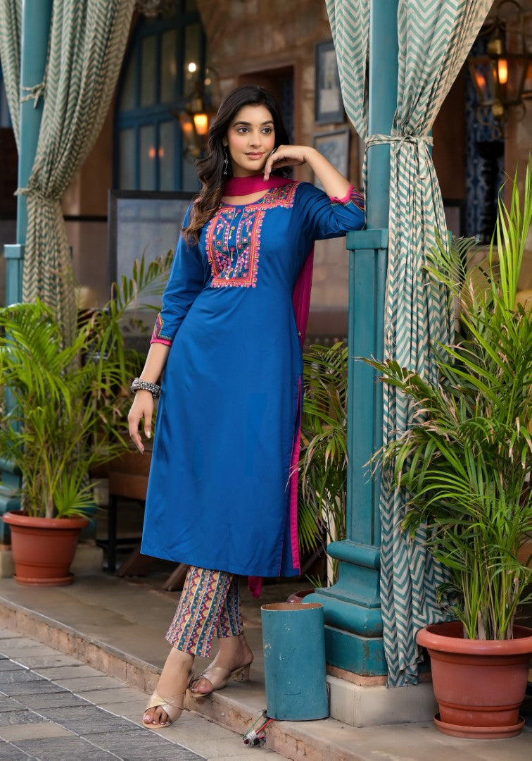 Juniper Women's Blue Thread Embroidered Liva Rayon Kurta Pant And Dupatta Set With Mirror Work Beads & Coins