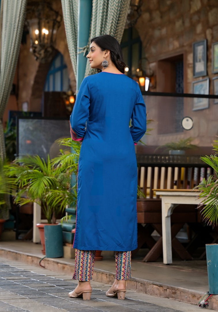 Juniper Women's Blue Thread Embroidered Liva Rayon Kurta Pant And Dupatta Set With Mirror Work Beads & Coins