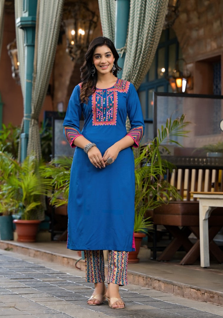Juniper Women's Blue Thread Embroidered Liva Rayon Kurta Pant And Dupatta Set With Mirror Work Beads & Coins
