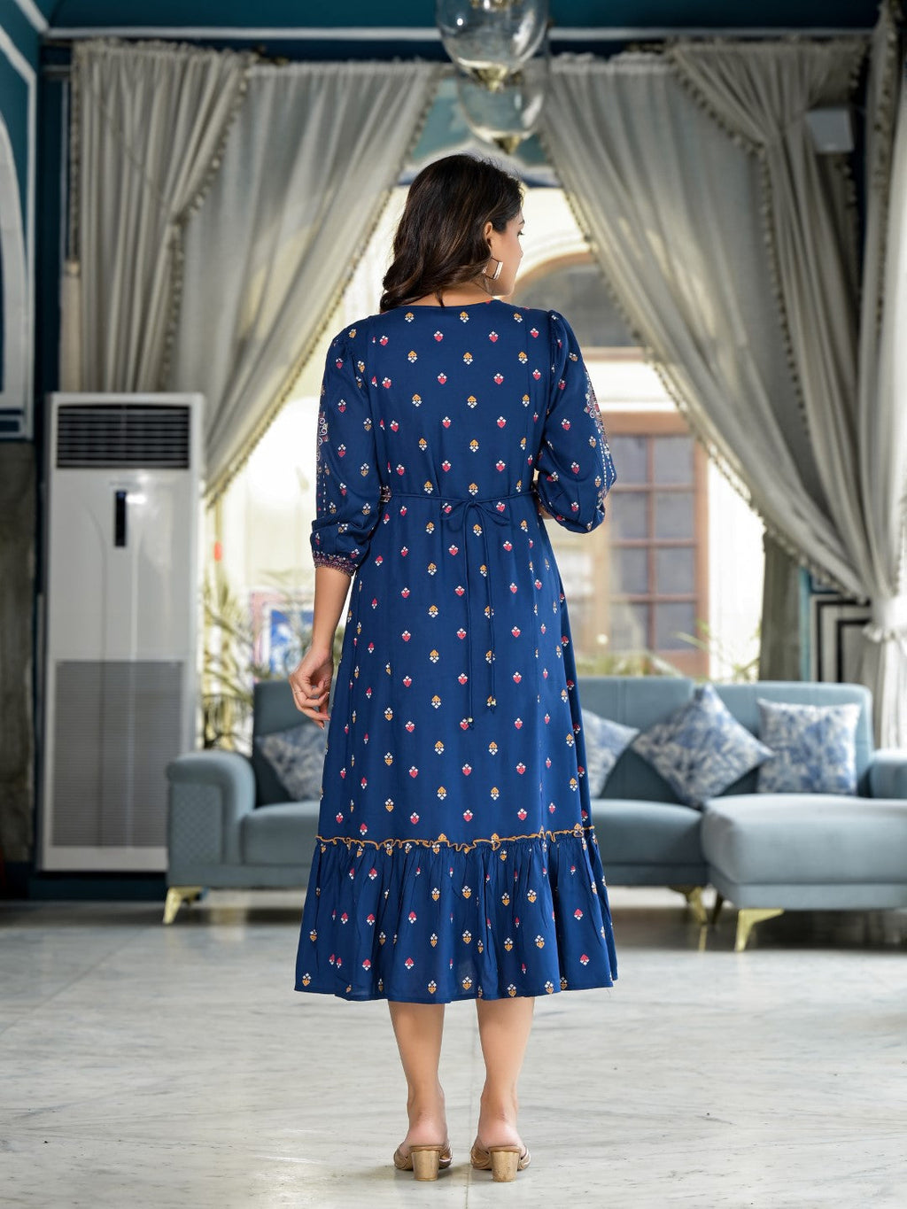 Juniper Women's Blue Ethnic Motif Printed Liva Rayon A-Lined Tiered Dress With Belt